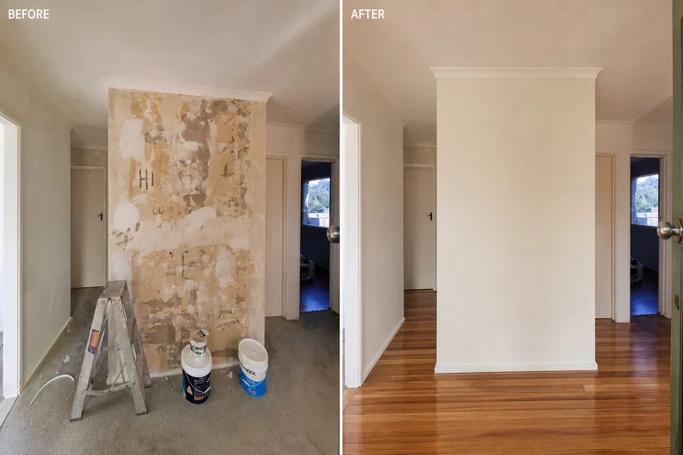 Before and after comparison of a restored interior feature wall
