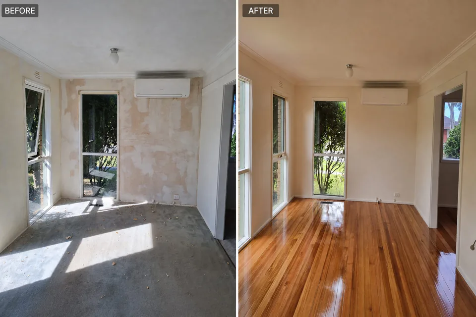 Before and after comparison of a repaired and renewed living room