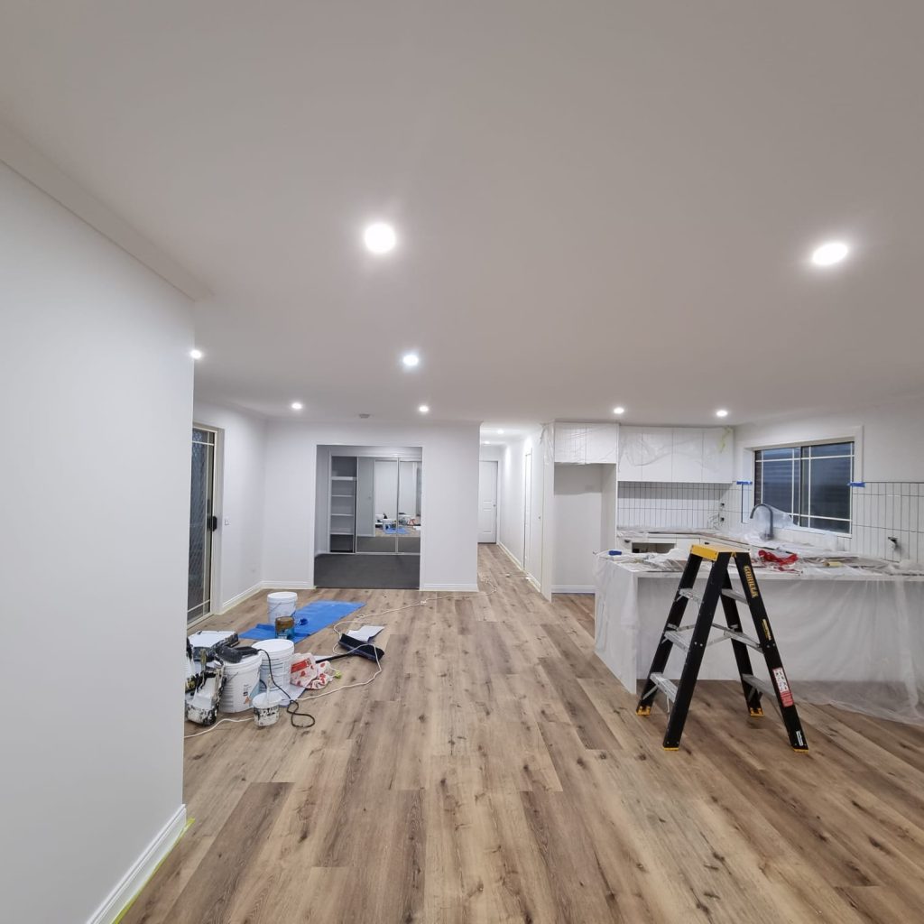 Bright Melbourne interior with freshly painted white walls and ceiling